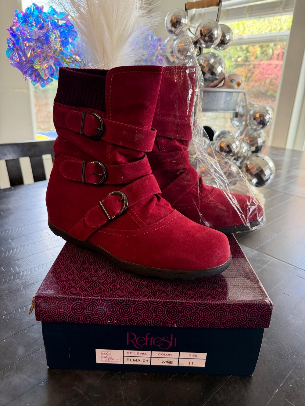 Refresh Wine Red Suede Buckle Strap Ankle Booties